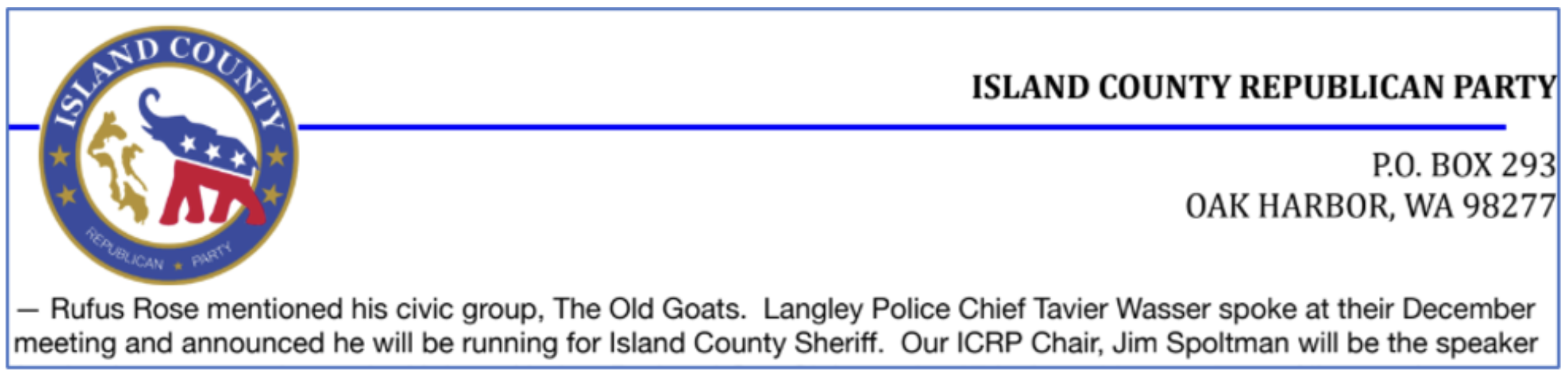 Meeting minutes, showing a record of Chief Wasser speaking at the December 2024 ICRP meeting and announcing he will be running for Island County Sheriff